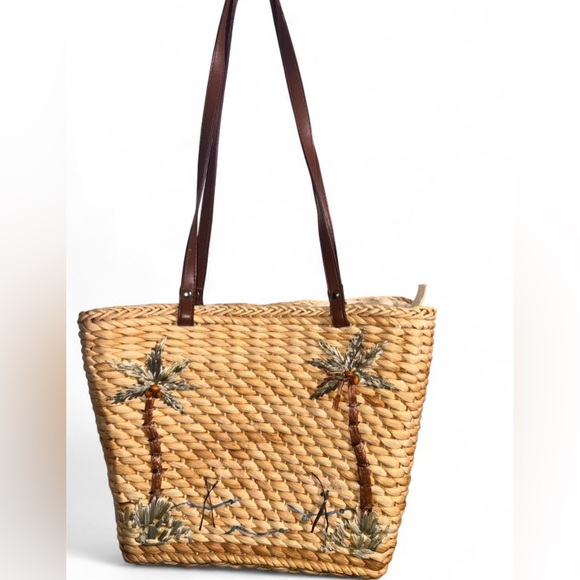 Vintage Woven Straw Tote with Brown Handles and Palm Tree Embroidery - Picture 7 of 8